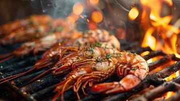 Grilled shrimps on a barbecue with intense fire flames photo