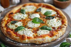 Italian pizza with mozzarella and basil photo
