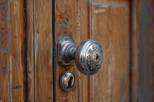 Vintage door knob on weathered wooden door photo