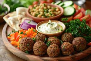 Falafel platter with tahini, pita, and veggies photo