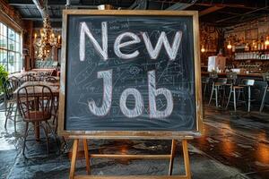 A chalkboard with the phrase New Job creatively inscribed stands in a vintage cafe setting, conveying a message of career change or new beginnings photo