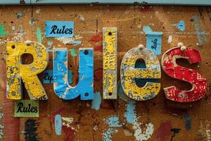 Colored Rules letters in various fonts mounted on a textured background photo