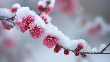 A stunning image capturing pink flowers under a delicate blanket of snow, contrasted against a soft background photo