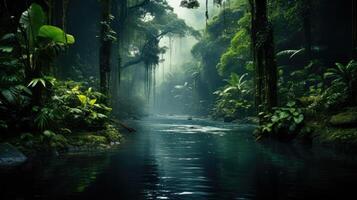 sereno río serpenteante mediante un denso tropical bosque foto