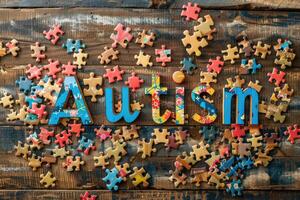 Colorful puzzle pieces frame and word Autism on wooden background. World autism awareness day concept. photo