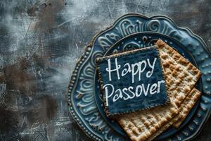 Matzah crackers with the phrase Happy Passover spell out a greeting for the Jewish holiday photo