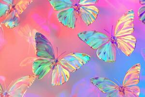 A vibrant montage of holographic butterflies against a pink backdrop illustrates the beauty of nature rendered in digital art style photo