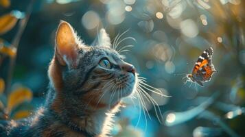 Cat gazing at a fluttering butterfly photo