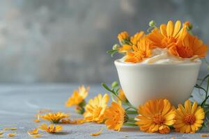 Calendula cream and calendula flowers photo