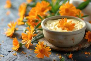 Calendula cream and calendula flowers photo