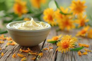 Calendula cream and calendula flowers photo