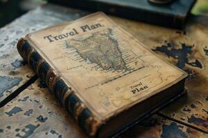 Clásico viaje plan cuero libro en un rústico mesa foto