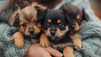 Three adorable puppies snuggling closely photo