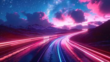 Vivid neon lights trail on a winding mountain road at night with a starry sky and pink clouds in the background photo