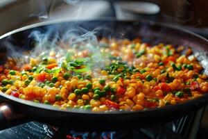 Corn, peas and carrot in a pan frying photo