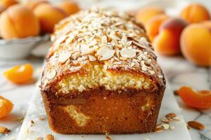 Pound cake with slivered almonds on top, apricots in background, on a white marble background photo