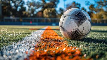 Soccer ball rests on the green grass of the field with the white boundary line in foreground, embodying the spirit of the game photo