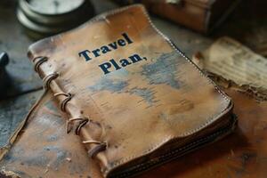 Vintage Travel Plan leather book on a rustic table photo