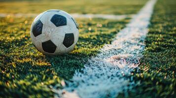 fútbol pelota descansa en el verde césped de el campo con el blanco Perímetro línea en primer plano, encarnando el espíritu de el juego foto