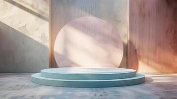 This 3D render showcases a modern round podium illuminated by natural sunlight against a textured backdrop photo