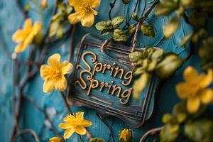 A rustic blue wooden sign reading 'spring' adorned with fresh yellow flowers against a blue backdrop photo