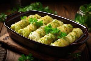 Baking dish with uncooked cabbage rolls on wooden background. photo
