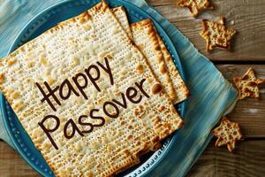 Matzah crackers with the phrase Happy Passover spell out a greeting for the Jewish holiday photo