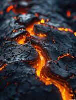 Magma, scorched rock floor with molten rocks and lava cracks. photo