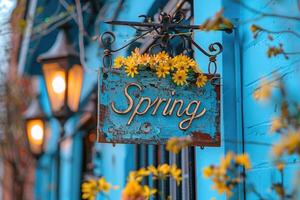 A rustic blue wooden sign reading 'spring' adorned with fresh yellow flowers against a blue backdrop photo