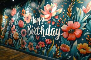 Wall mural with happy birthday floral design photo