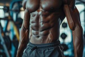 Close-up of the abdominal muscles young athlete in gym photo