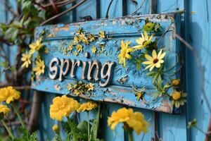 A rustic blue wooden sign reading 'spring' adorned with fresh yellow flowers against a blue backdrop photo