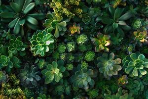 Collection of small decorative succulents, top view. photo