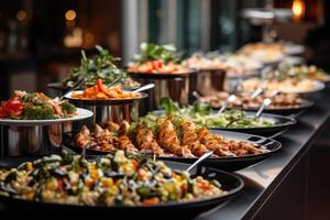 Catering buffet food indoor in luxury restaurant with meat and vegetables. photo