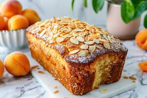 Pound cake with slivered almonds on top, apricots in background, on a white marble background photo