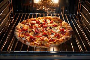 Tasty homemade pizza cooking in an oven at home. photo