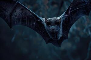 Flying bat with intense gaze in the dark photo