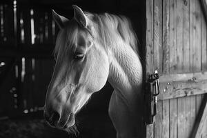 Close-up of a white horse inside his stable photo