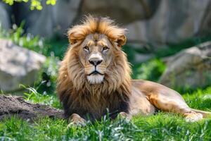 grande masculino africano león acostado en el césped foto