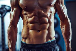 Close-up of the abdominal muscles young athlete in gym photo