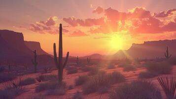 Wild West Texas desert landscape with sunset with mountains and cacti. photo