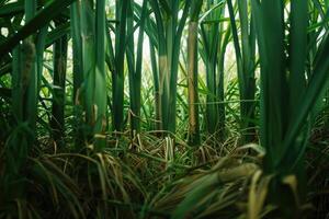 Sugar cane stalks on plantation. photo