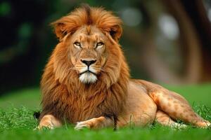 grande masculino africano león acostado en el césped foto