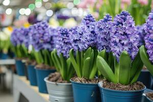 Many blue violet flowering hyacinths in pots are displayed on shelf in floristic store or at street market. photo