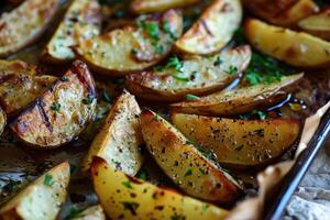 Roasted potatoes. Baked potato wedges with rosemary and olive oil. photo