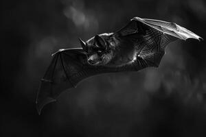 Flying bat with intense gaze in the dark photo