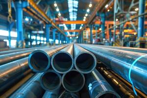 Steel pipes inside the factory or warehouse. Industrial production photo