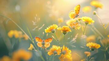 Butterflies on wild yellow flowers in sunlight photo