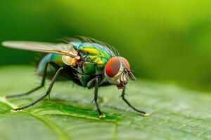 Macro photography of a green bottle fly on a leaf. Insect life in nature. photo