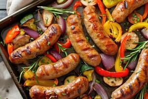 Baked sausage with vegetables on a baking sheet photo